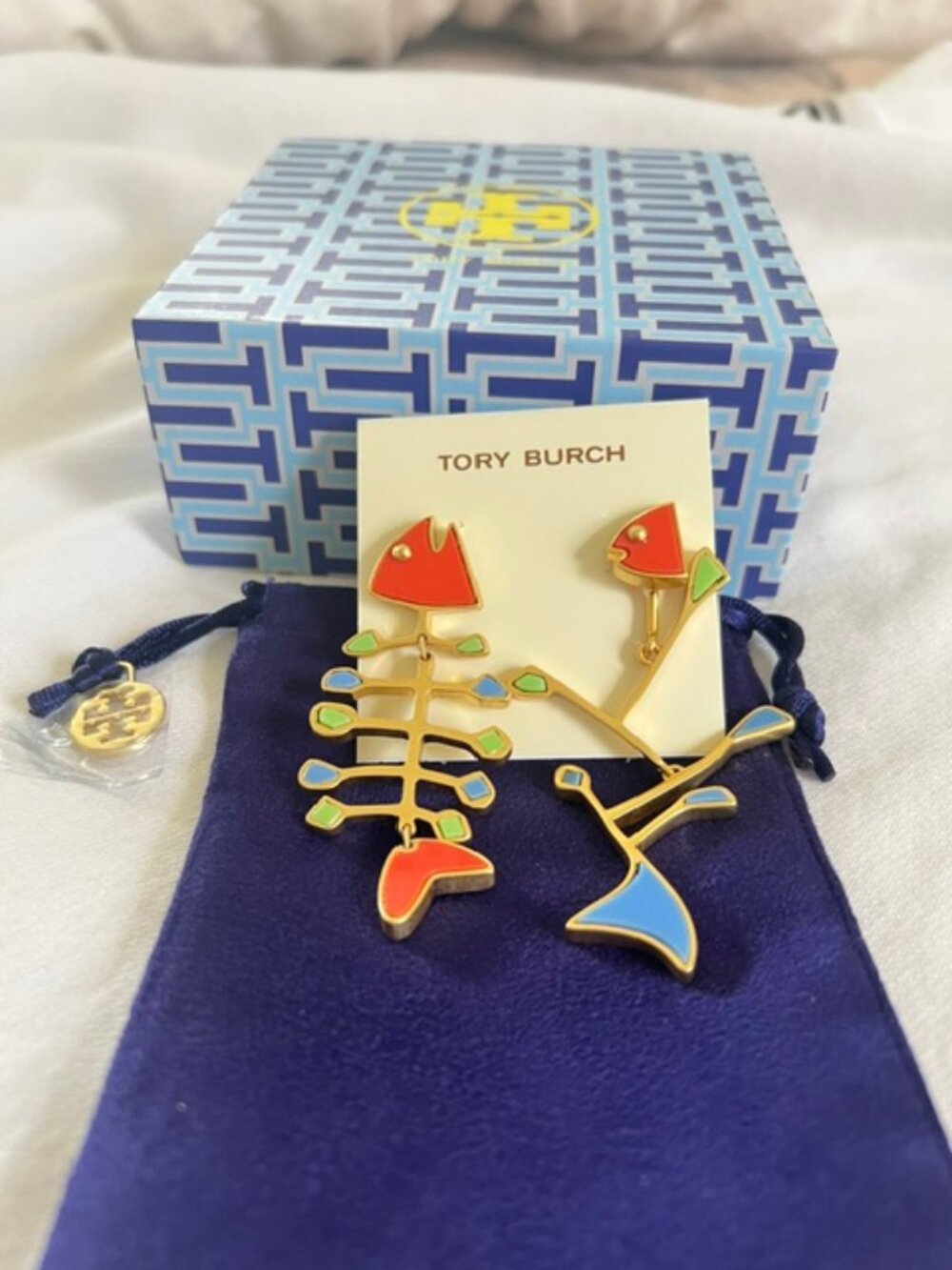 Tory Burch Fish wishbone Mismatched colorful Earrings